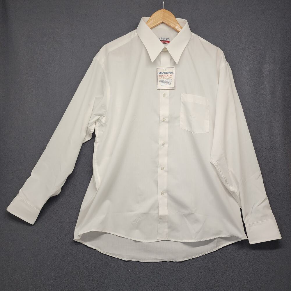 Manhattan Dress Shirt Mens 17.5 34/35 White Button Front Long Sleeve Made In USA